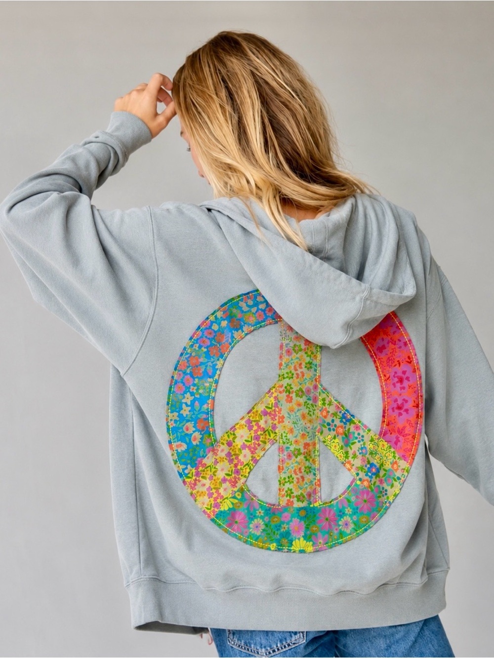 Natural Life Sage/Grey Patchwork Peace Sign Zip Hoodie Boho Hippie S/M
NWOT